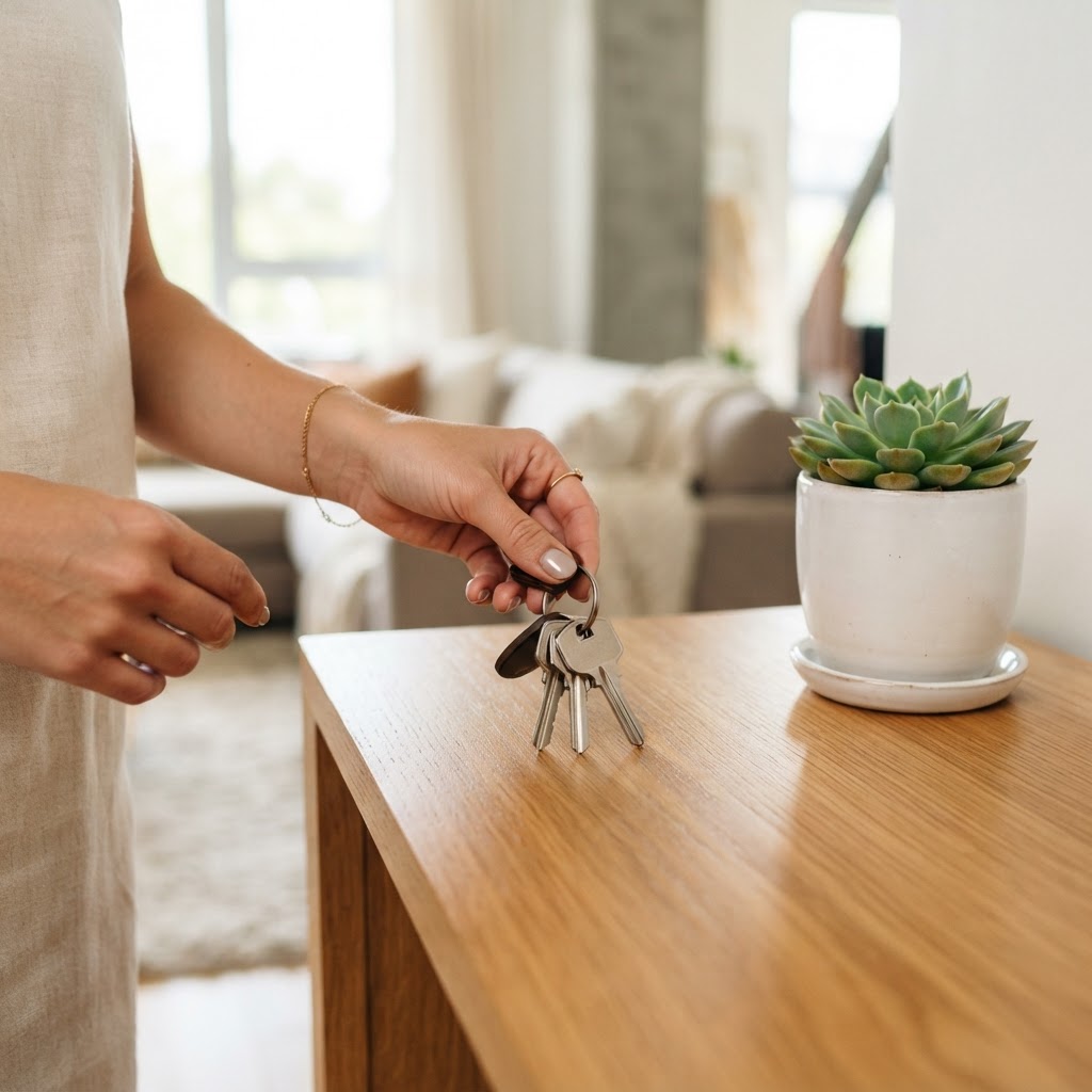 Close up of keys being placed on a modern entryway table