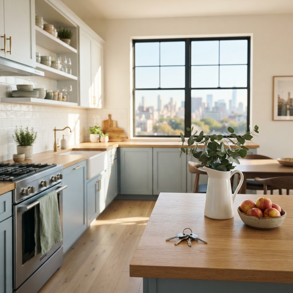 Keys resting on a bright modern kitchen countertop in an airy urban condo