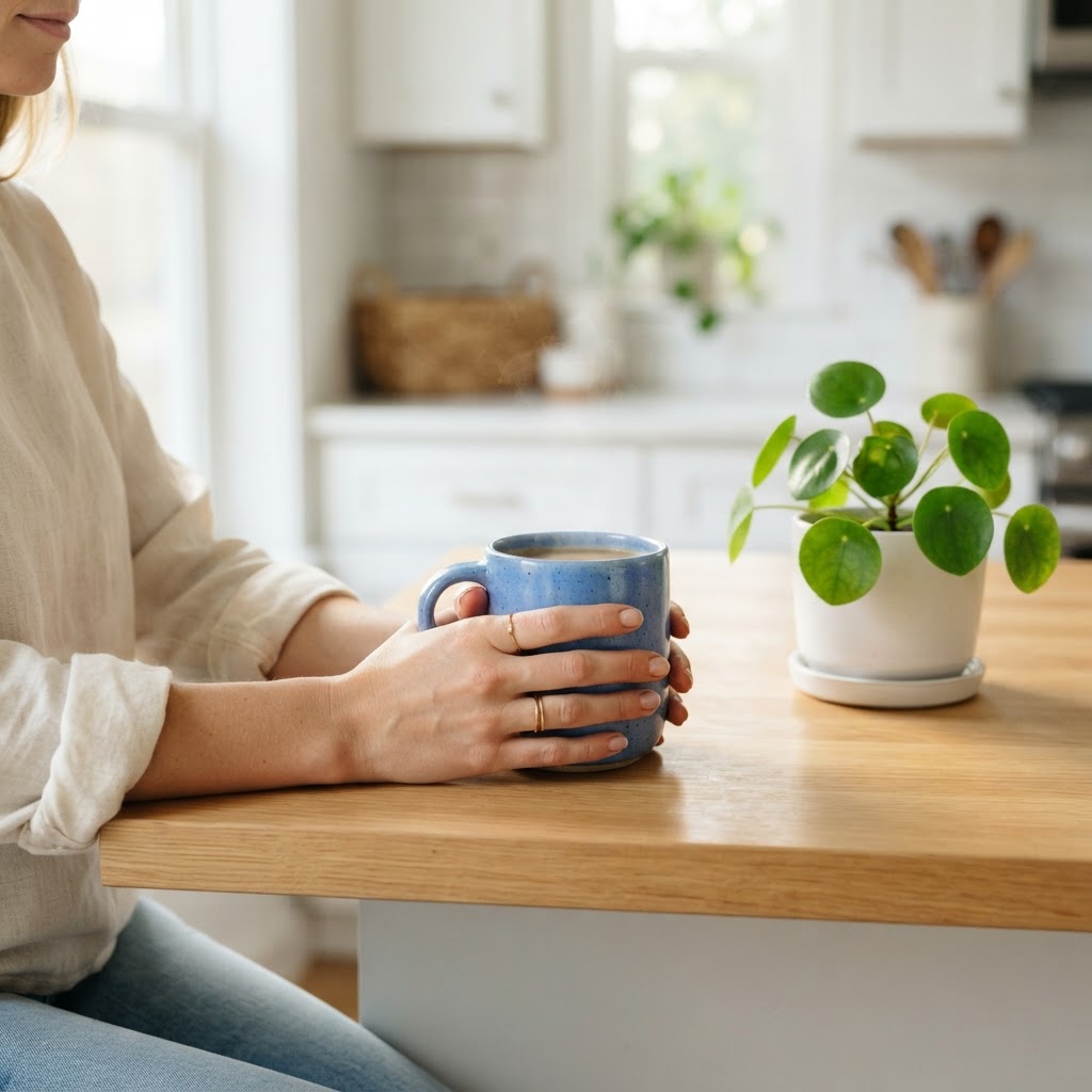 Hands holding a blue ceramic mug in a bright modern kitchen