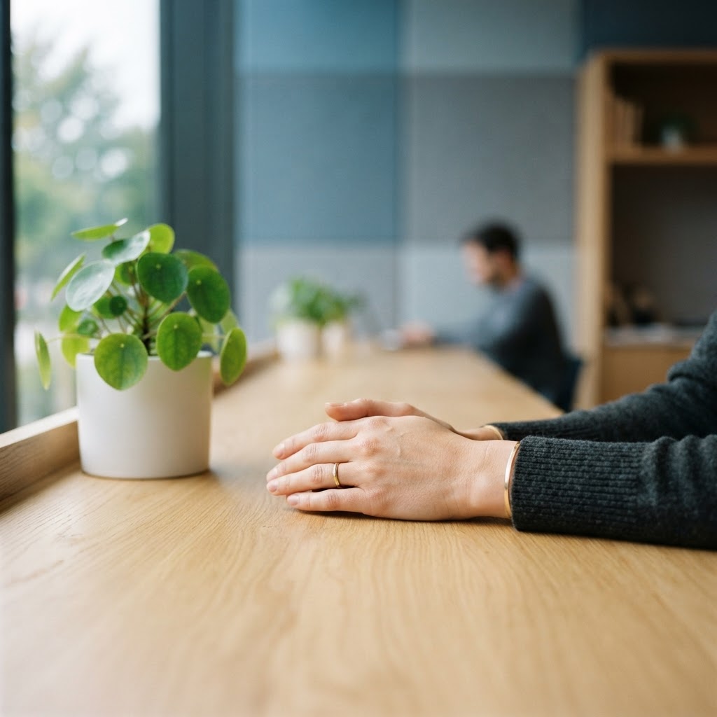 Hands resting on a clean minimalist desk with a green plant