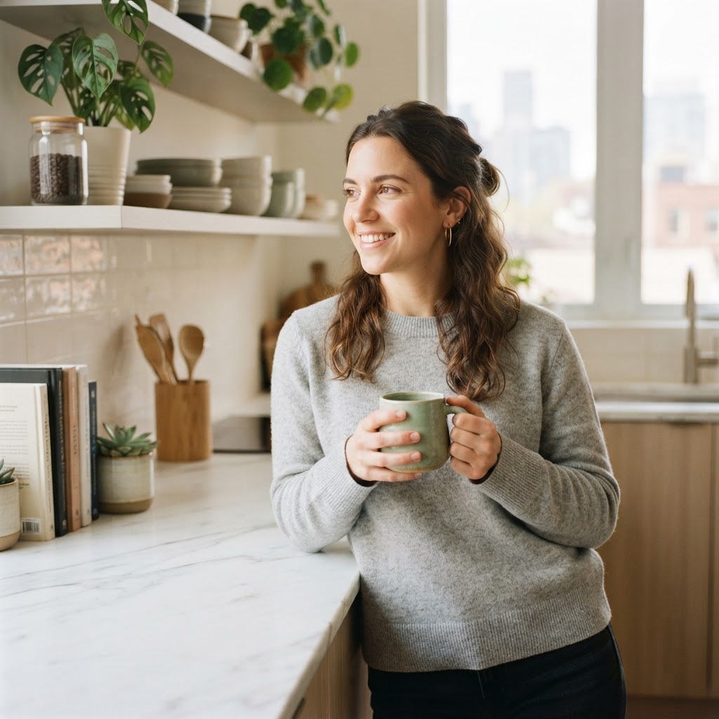 A satisfied young professional relaxing in a modern sunlit kitchen