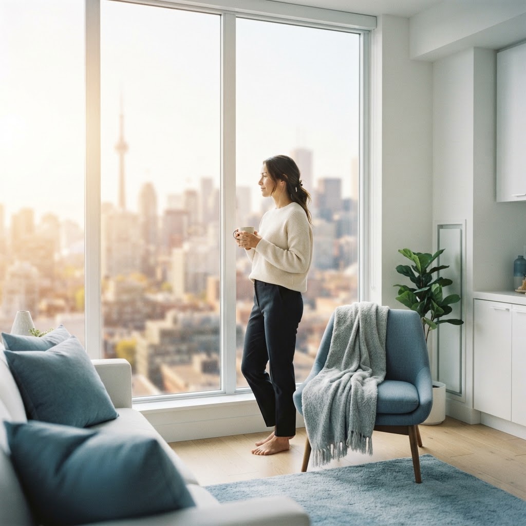 Person looking out of a bright condo window