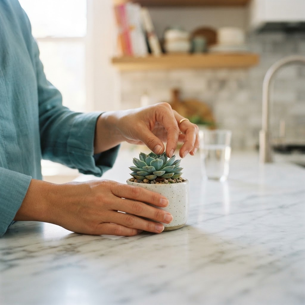 Close up of hands arranging a small plant in a bright apartment