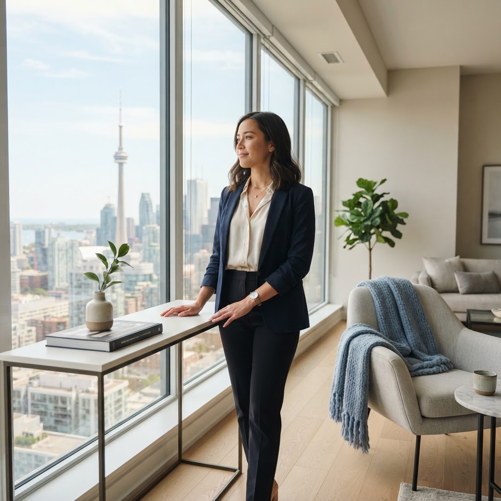 A young professional looking out of a large bright apartment window