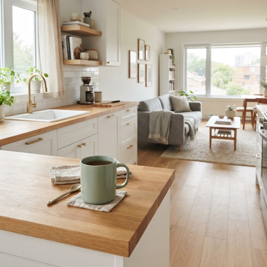 Minimalist modern kitchen interior with a soft green accent mug