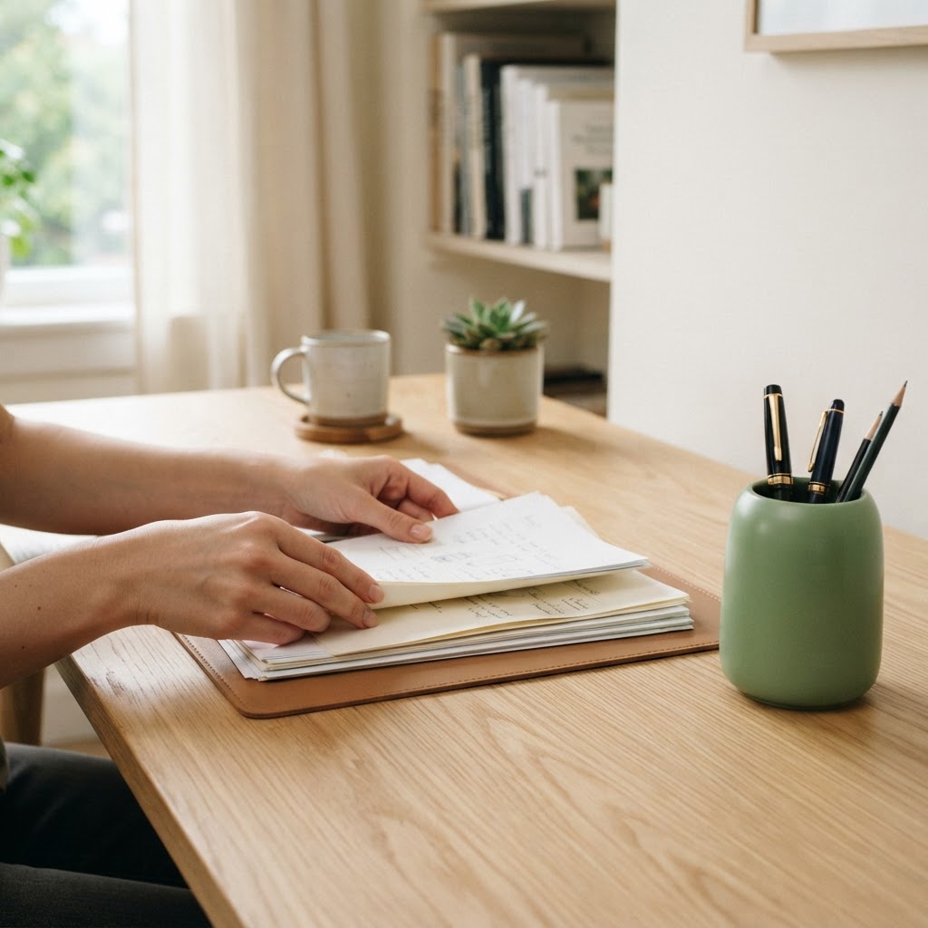 Hands organizing documents on a clean minimalist desk