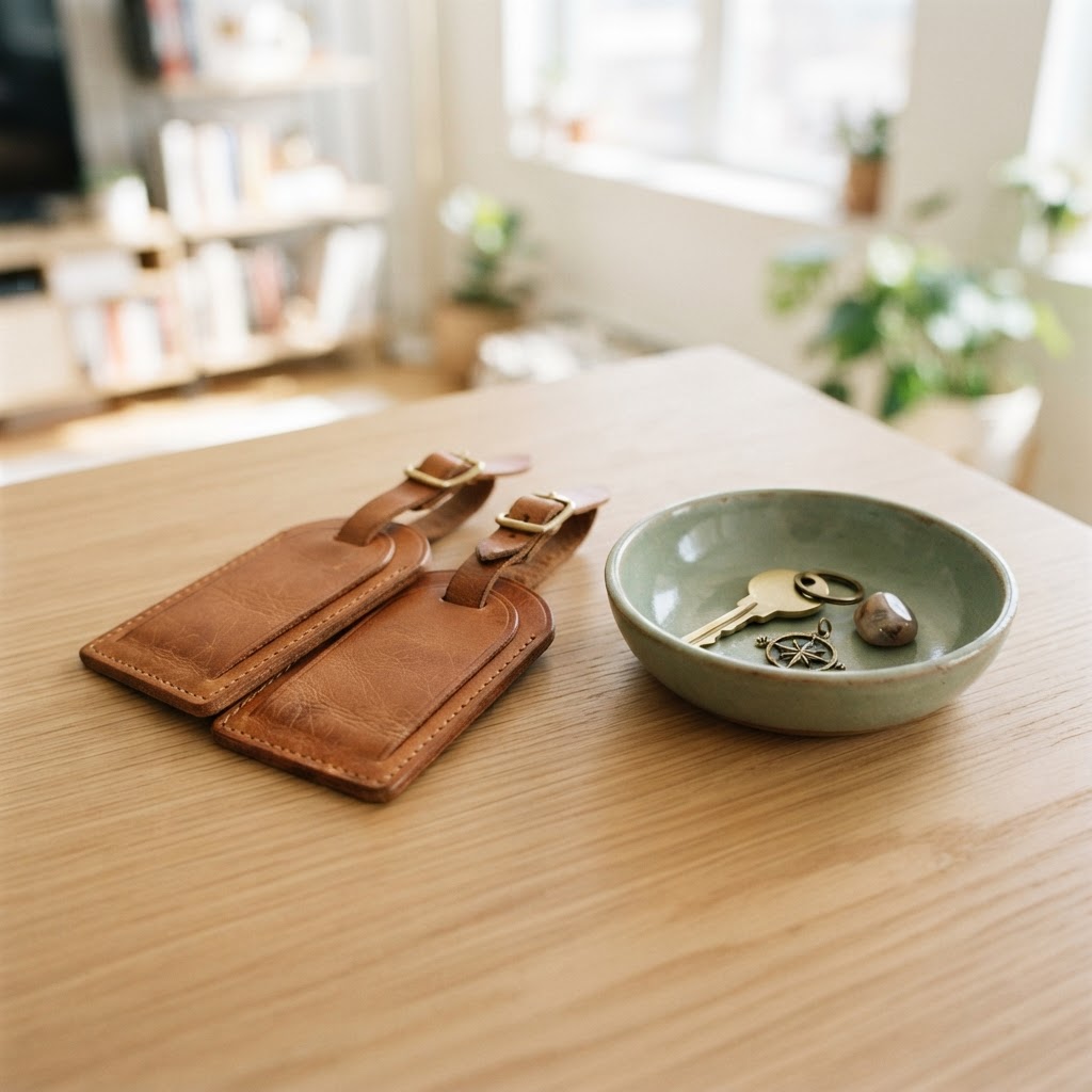 Close up of leather travel tags on a wooden table in a bright apartment