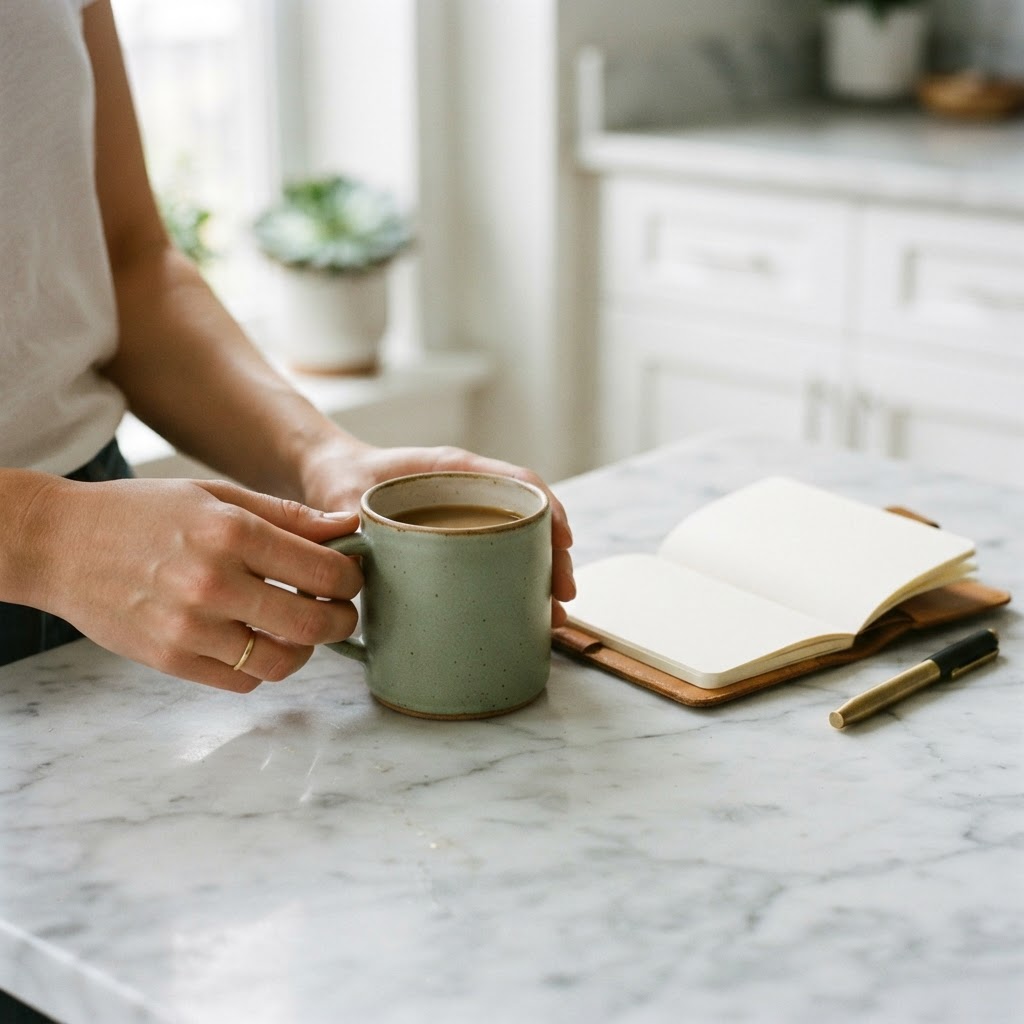 Hands placing a sage green mug on a white counter