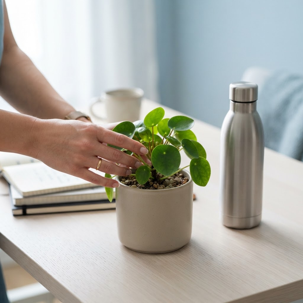 Close up of hands placing a plant on a minimalist desk