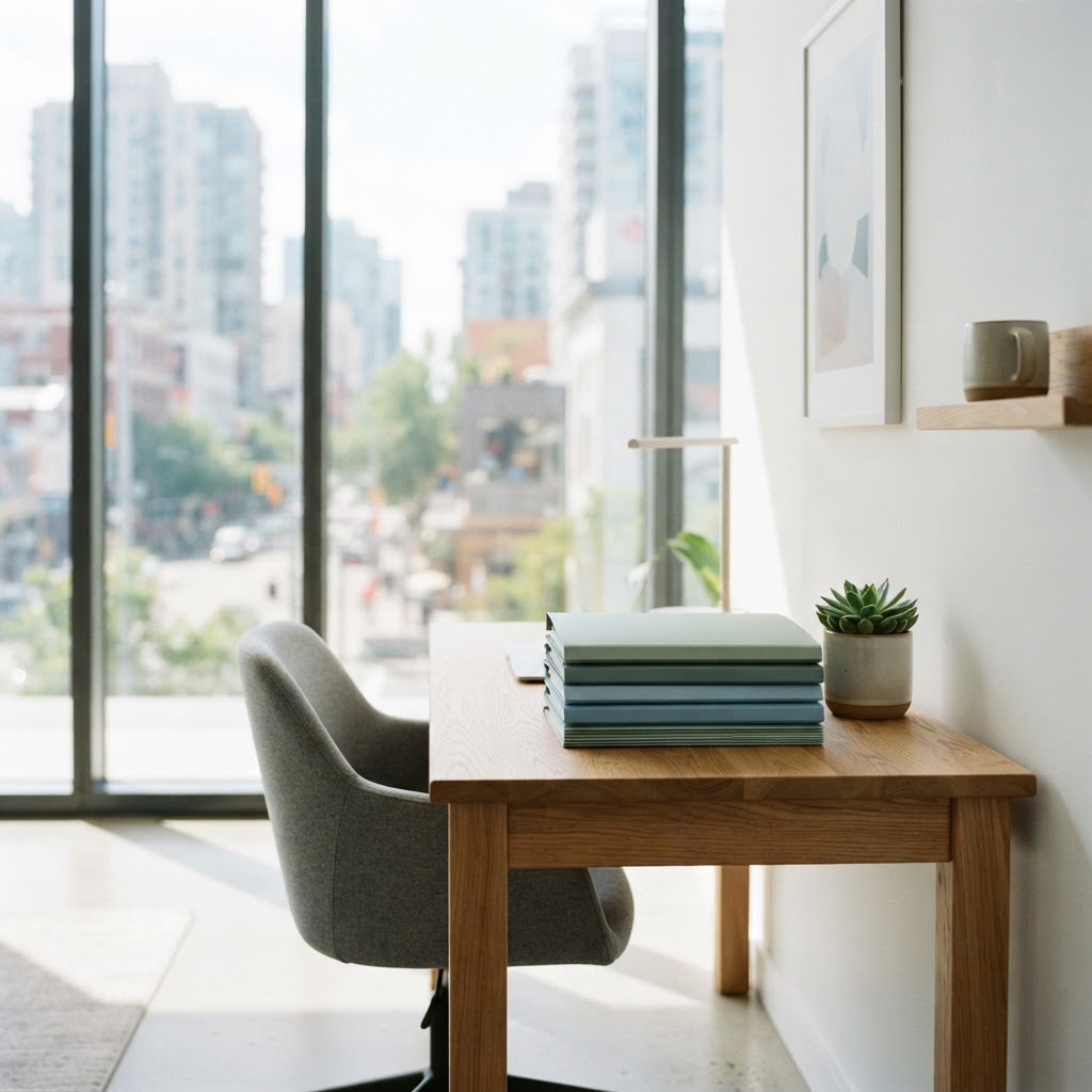 Organized clean desk with physical folders in modern office