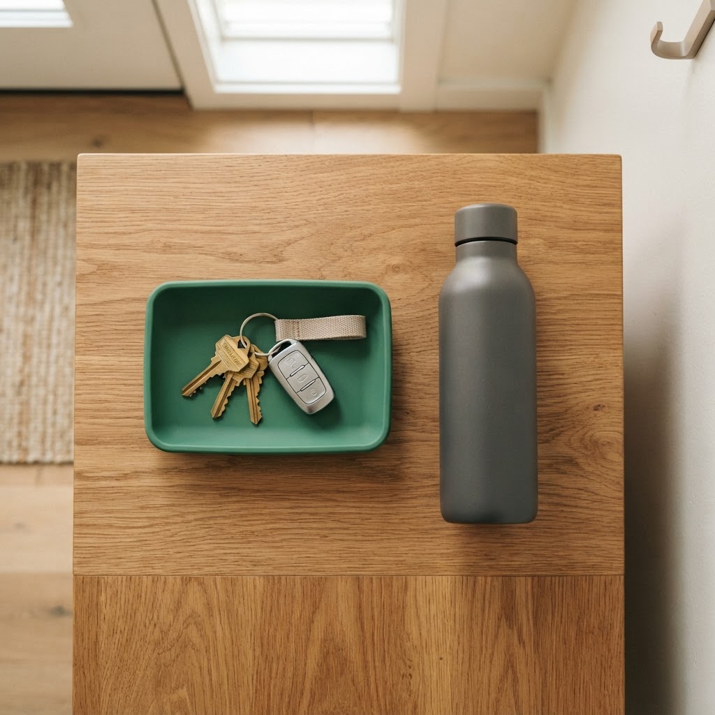 House keys on a green tray next to a water bottle