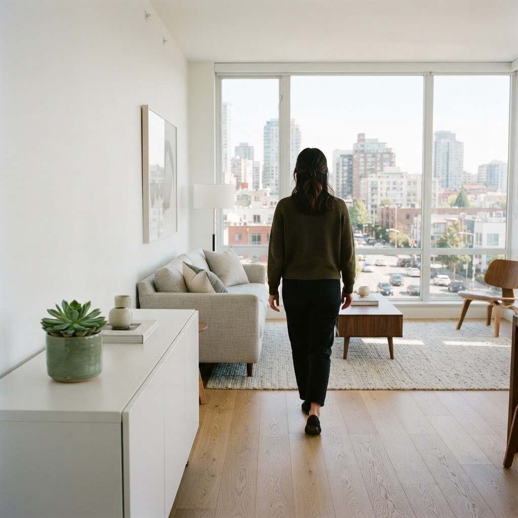 A bright minimalist apartment living room with a city view