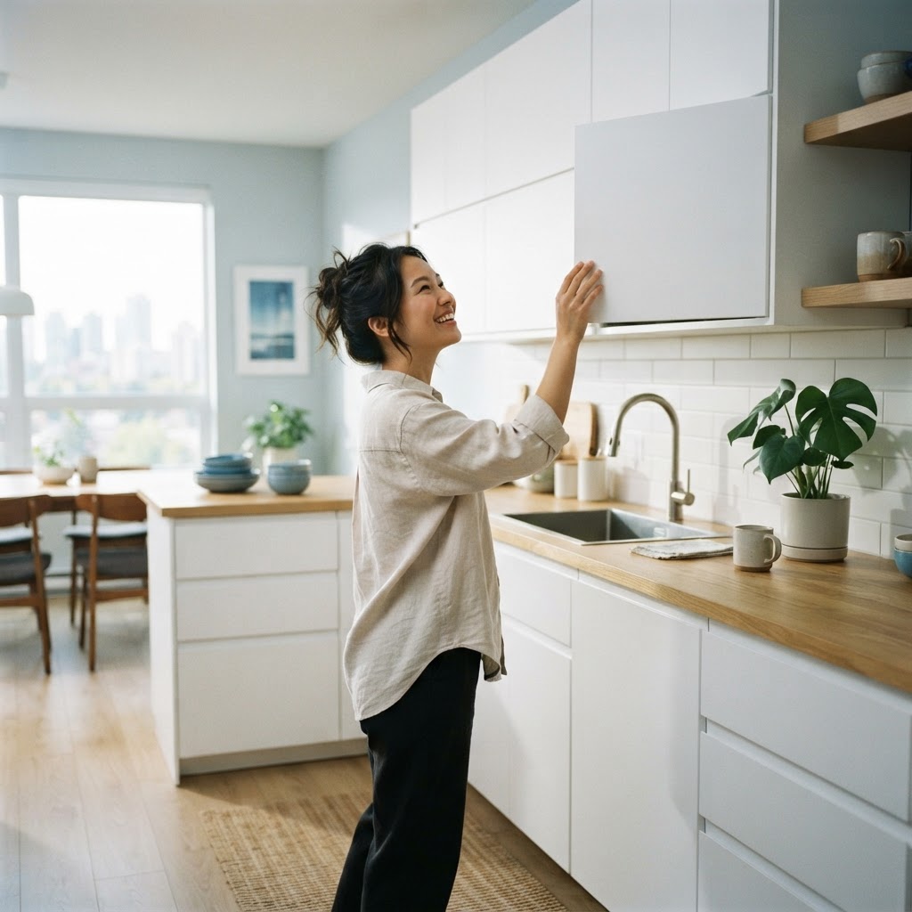Young person in a modern kitchen with natural light