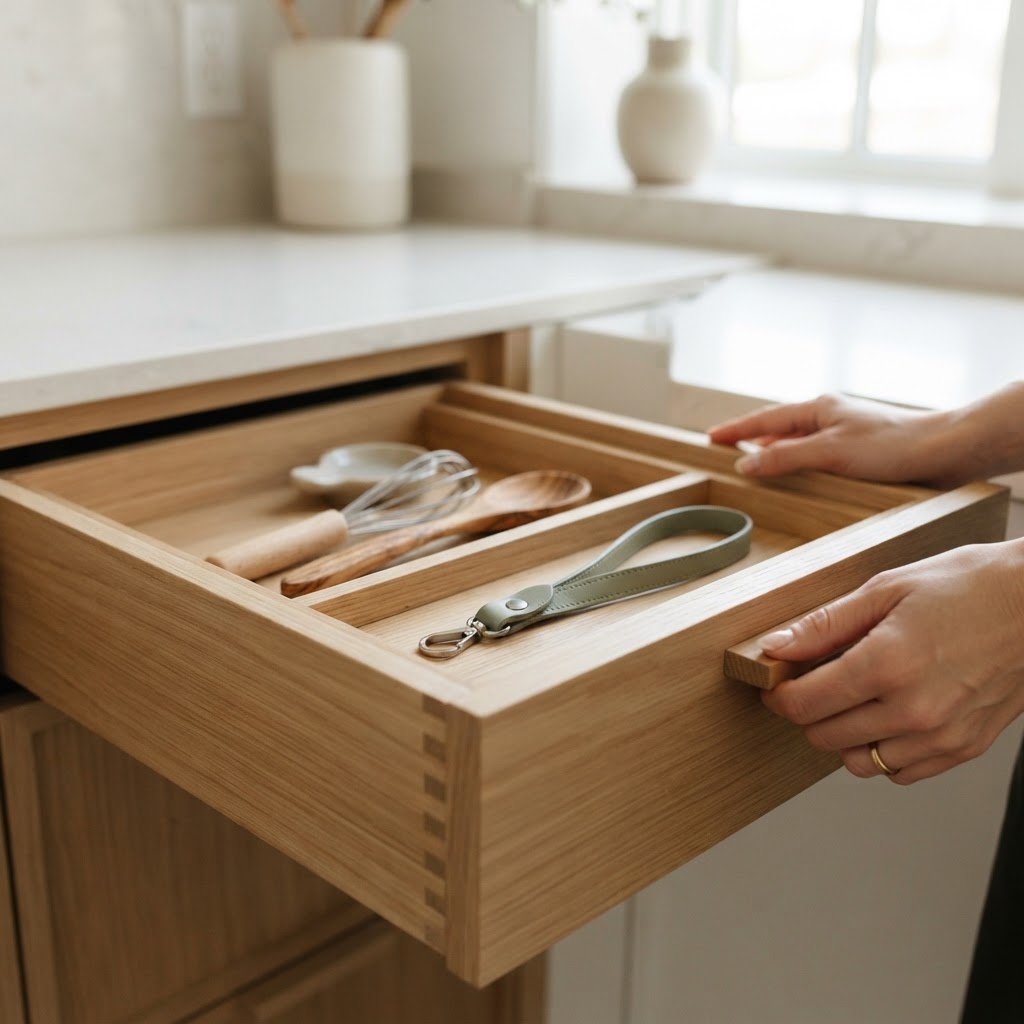 A close up of a sage green accessory in a clean drawer