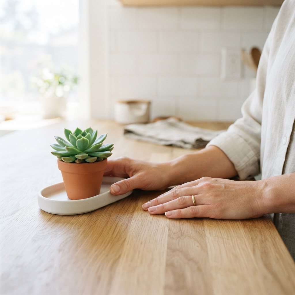 Hands resting on a clean kitchen counter near a plant