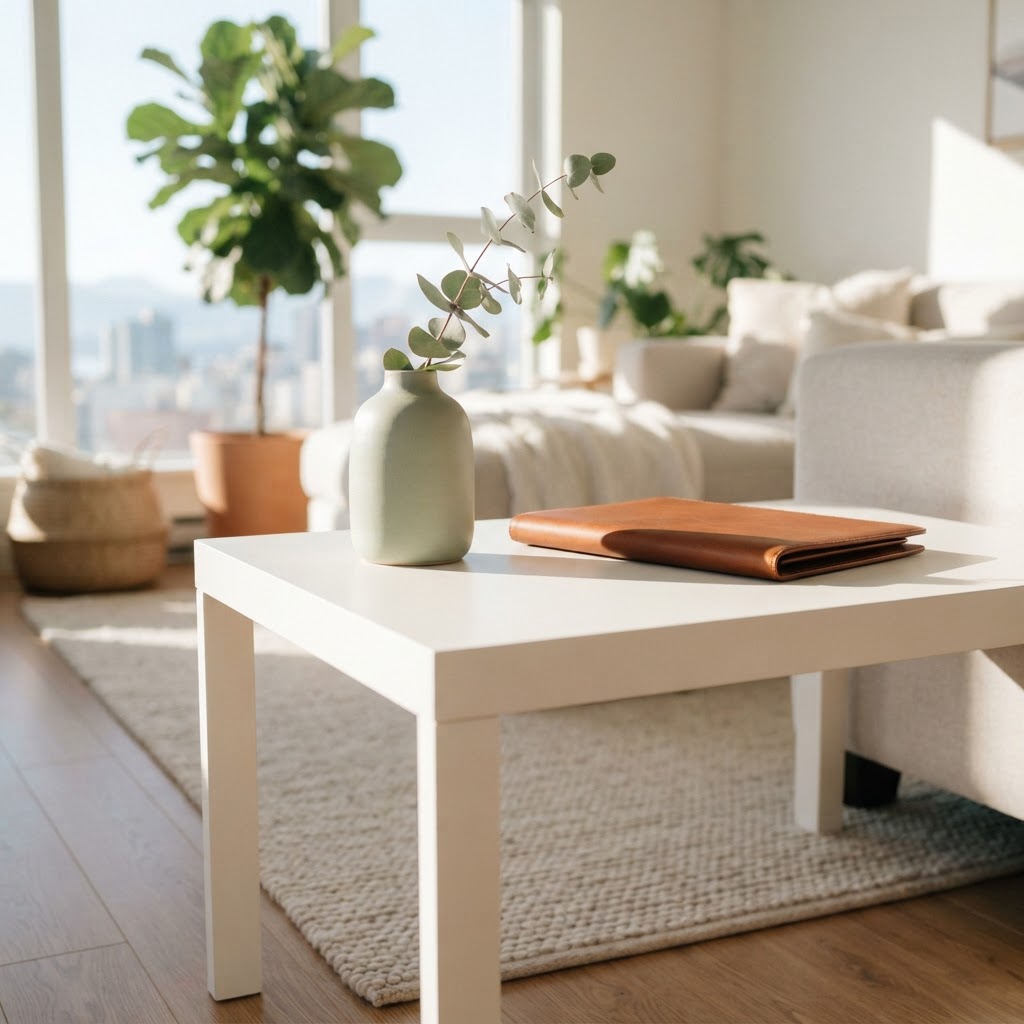 A minimalist side table with a sage green vase and a leather folder in a bright condo