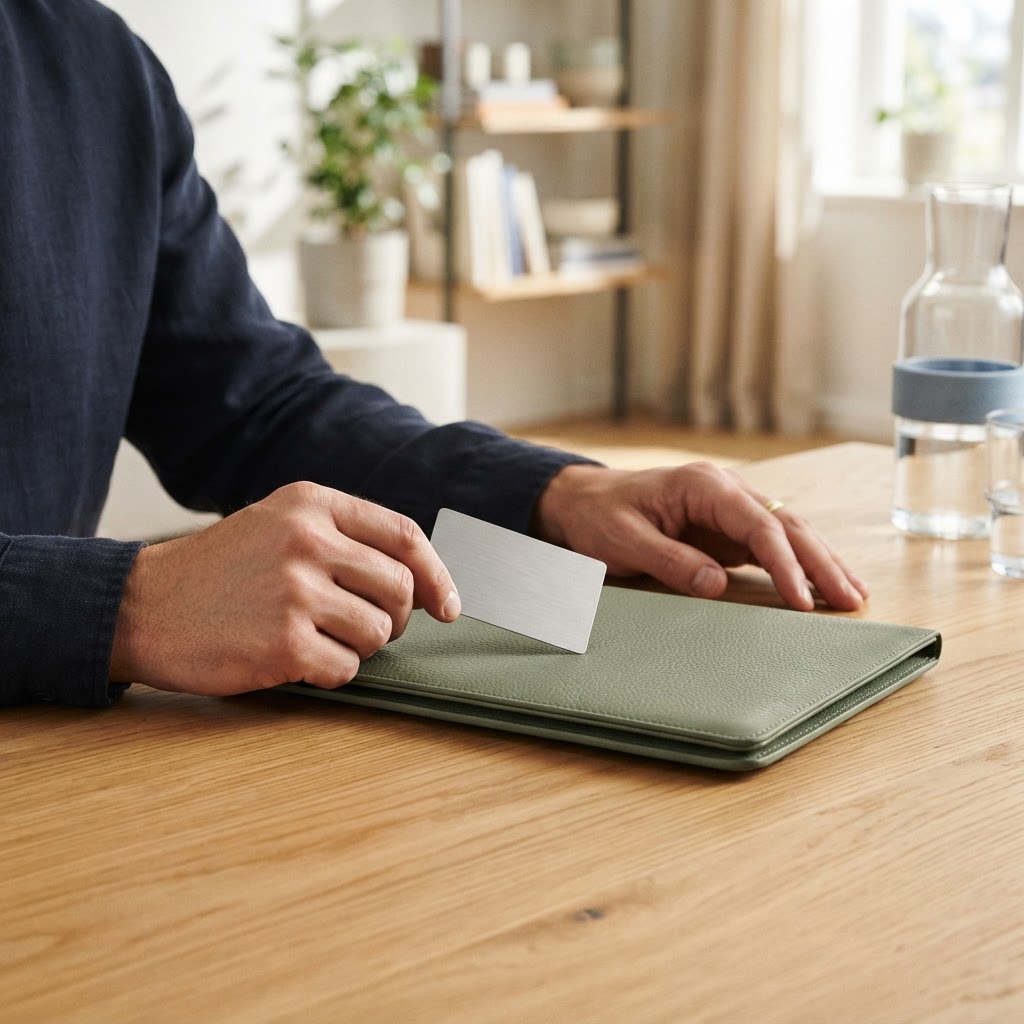 Hands holding a credit card over a leather folder