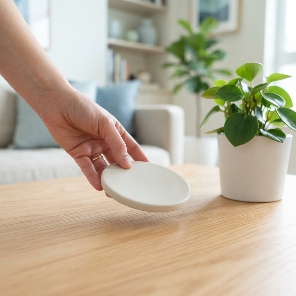 A close up of a hand setting a ceramic coaster on a bright wooden table