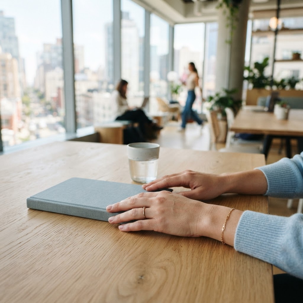 Relaxed hands resting on a clean wooden table in a bright workspace