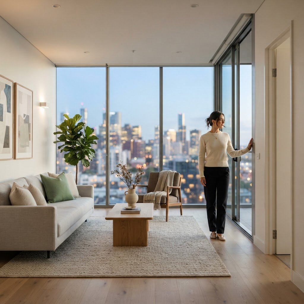 Young professional standing in a bright modern urban apartment
