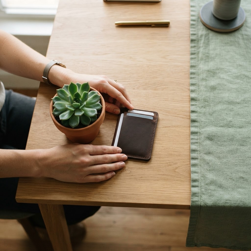 Close up of a leather cardholder on a desk with a plant