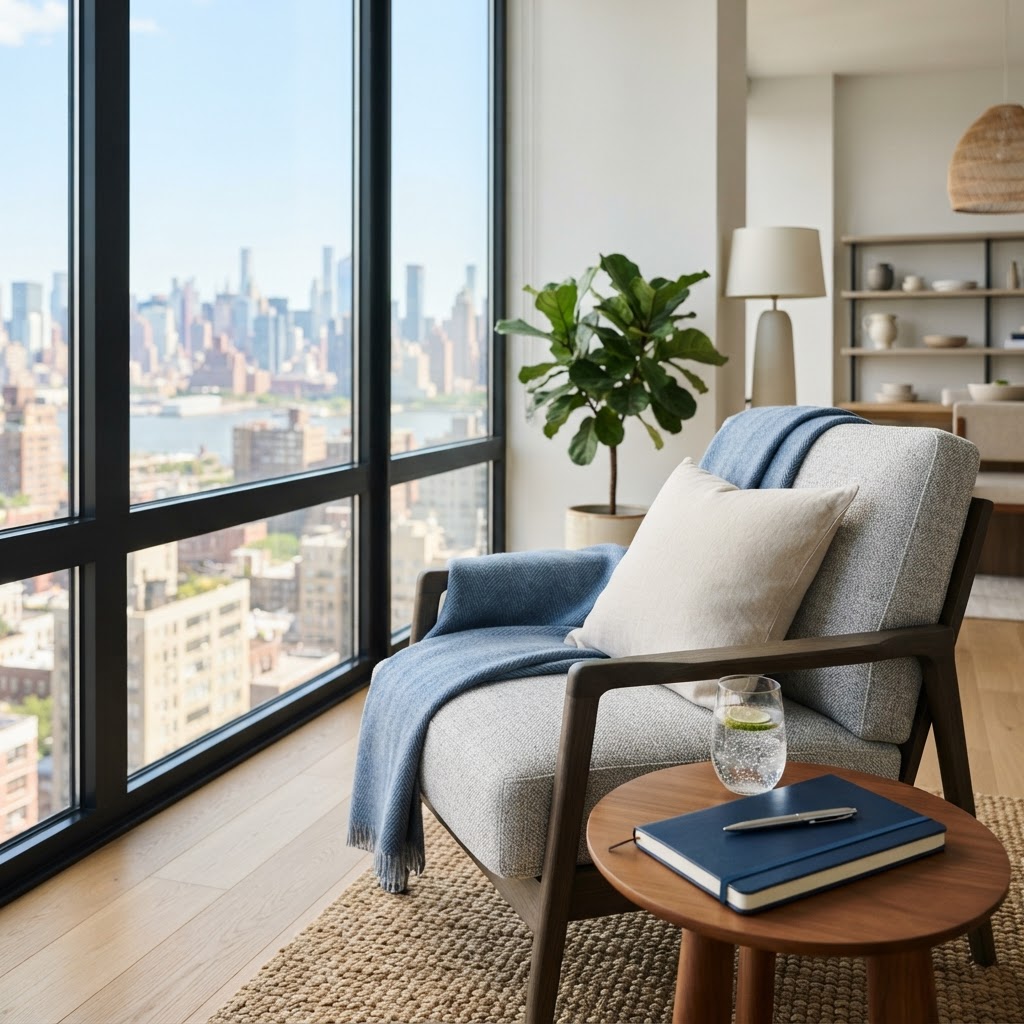 A bright sunroom with a comfortable chair and minimalist decor