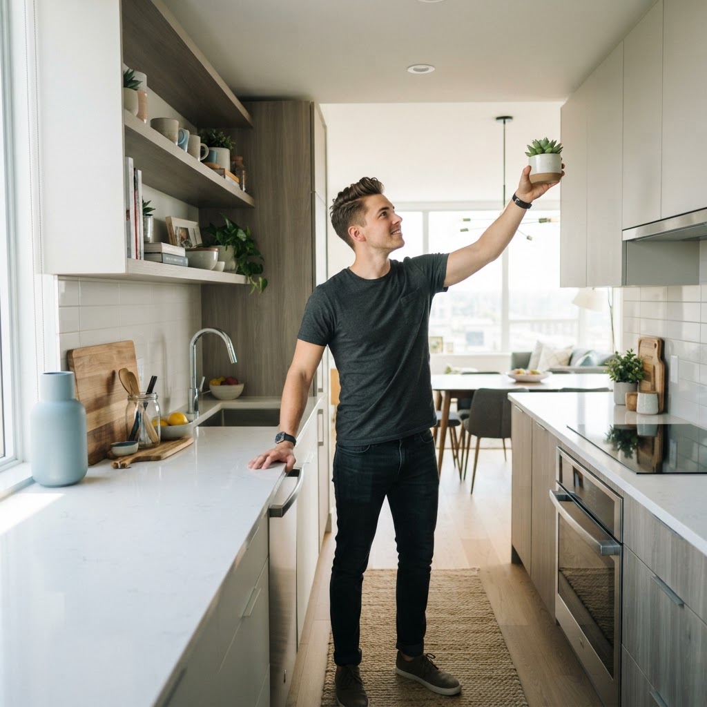 A man organizing a clean bright modern kitchen