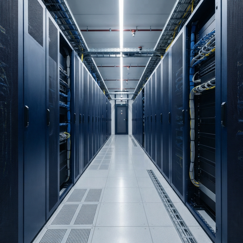 Clean and organized server room corridor