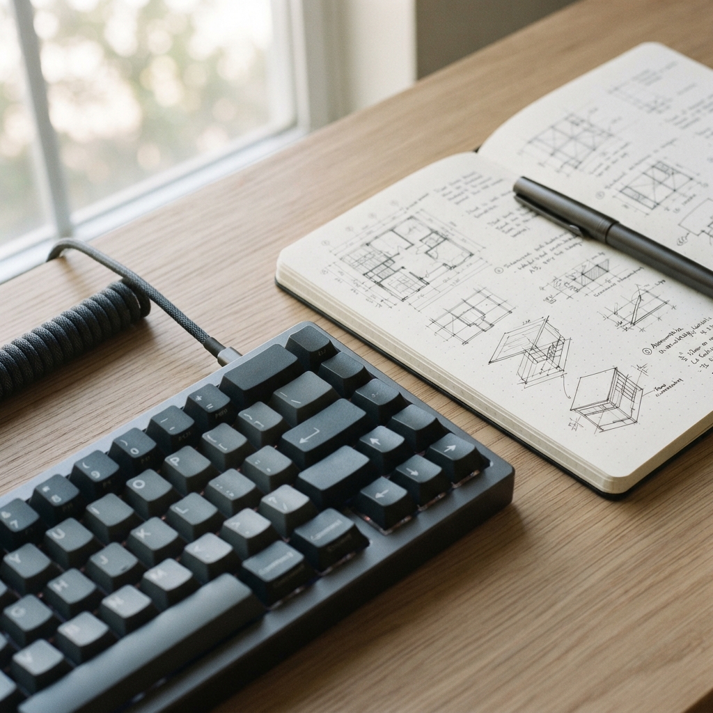Close up of technical notes and keyboard