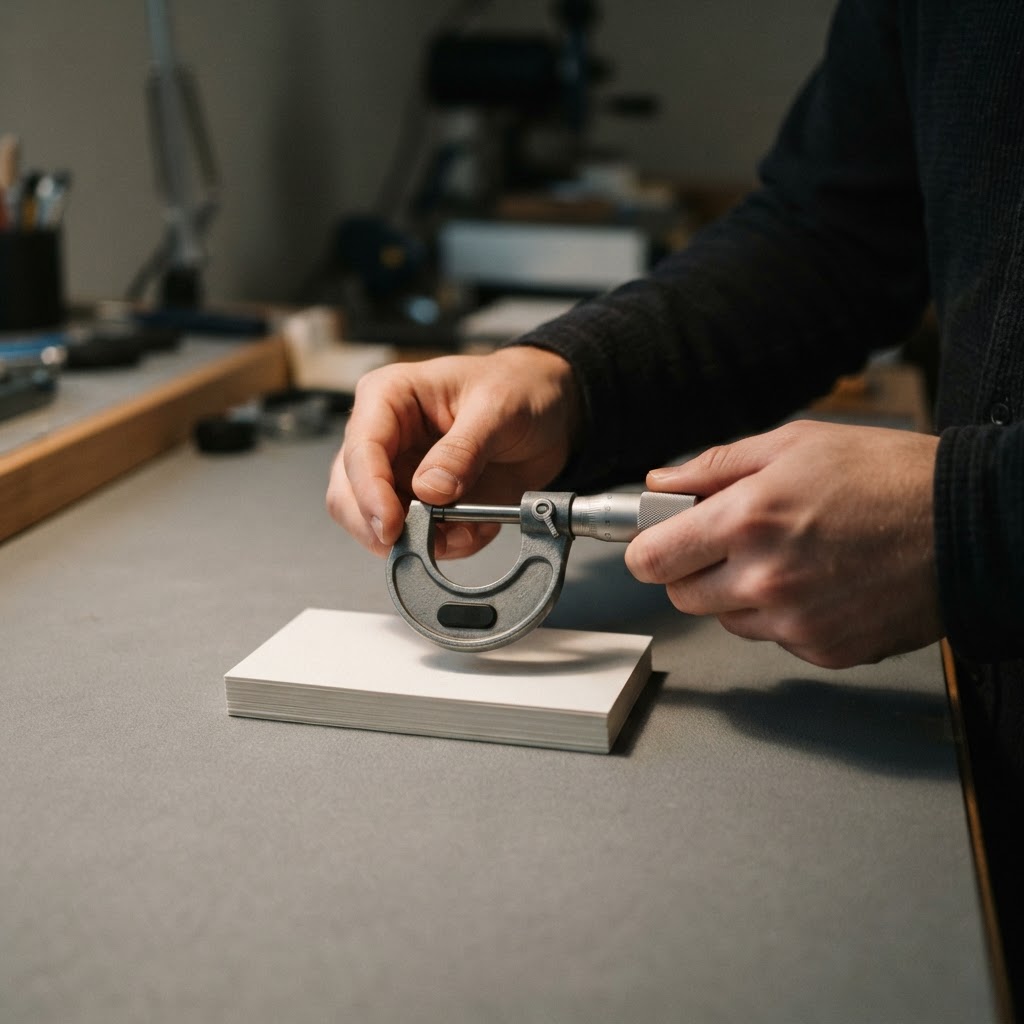 Hands using a micrometer on heavy cardstock