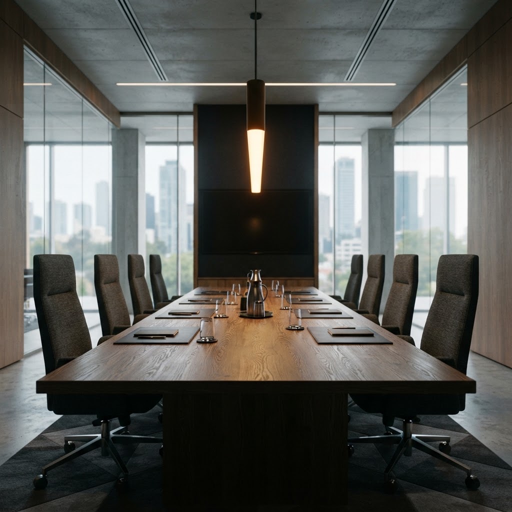 Minimalist conference room with warm amber lighting