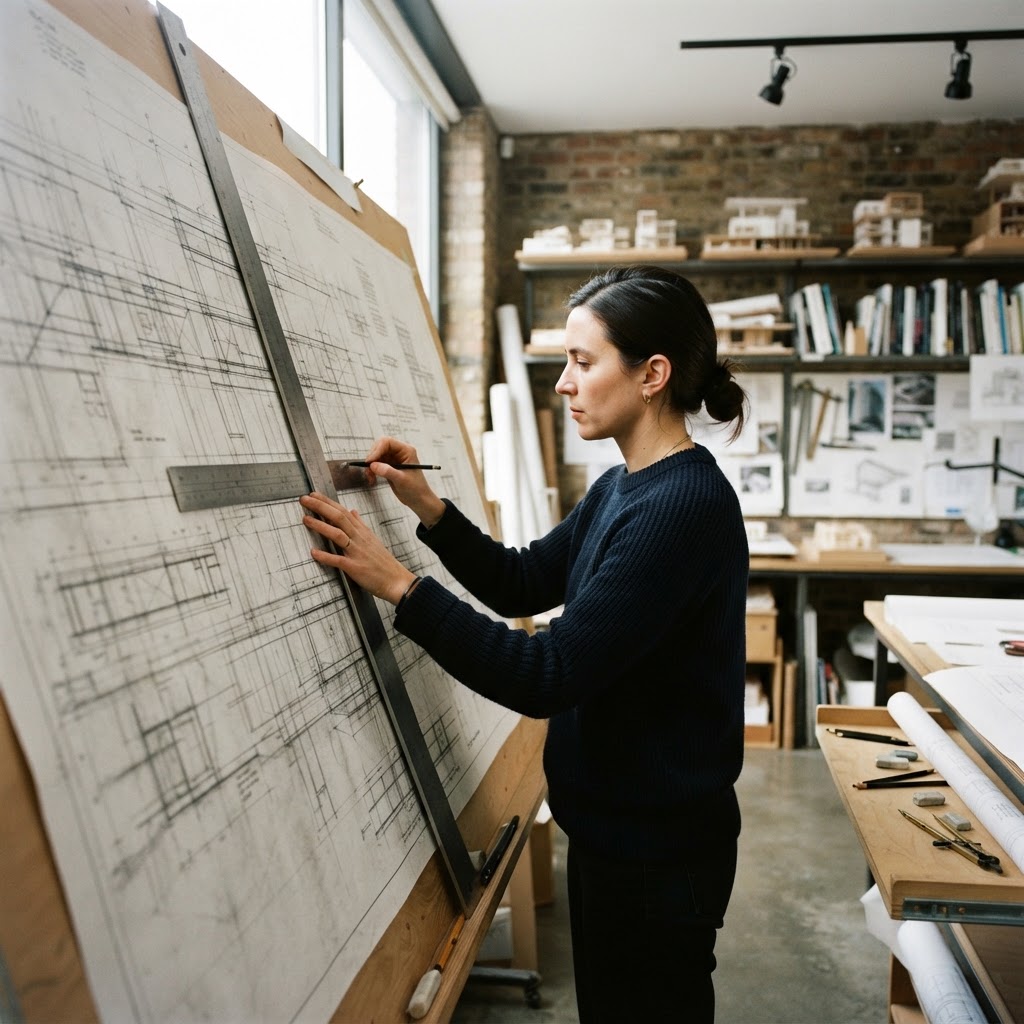 Person using a steel straightedge on a drafting board