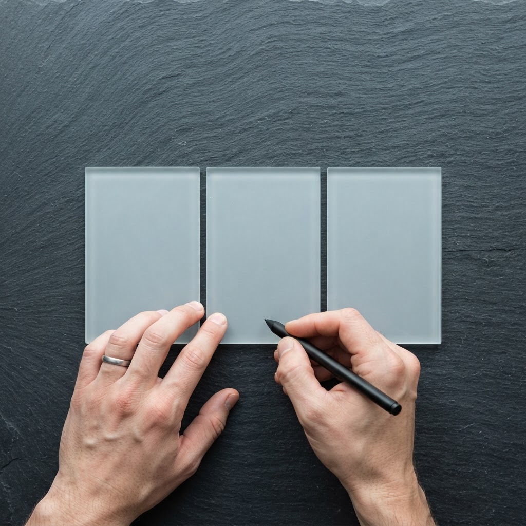 Hands arranging frosted glass tiles on slate surface