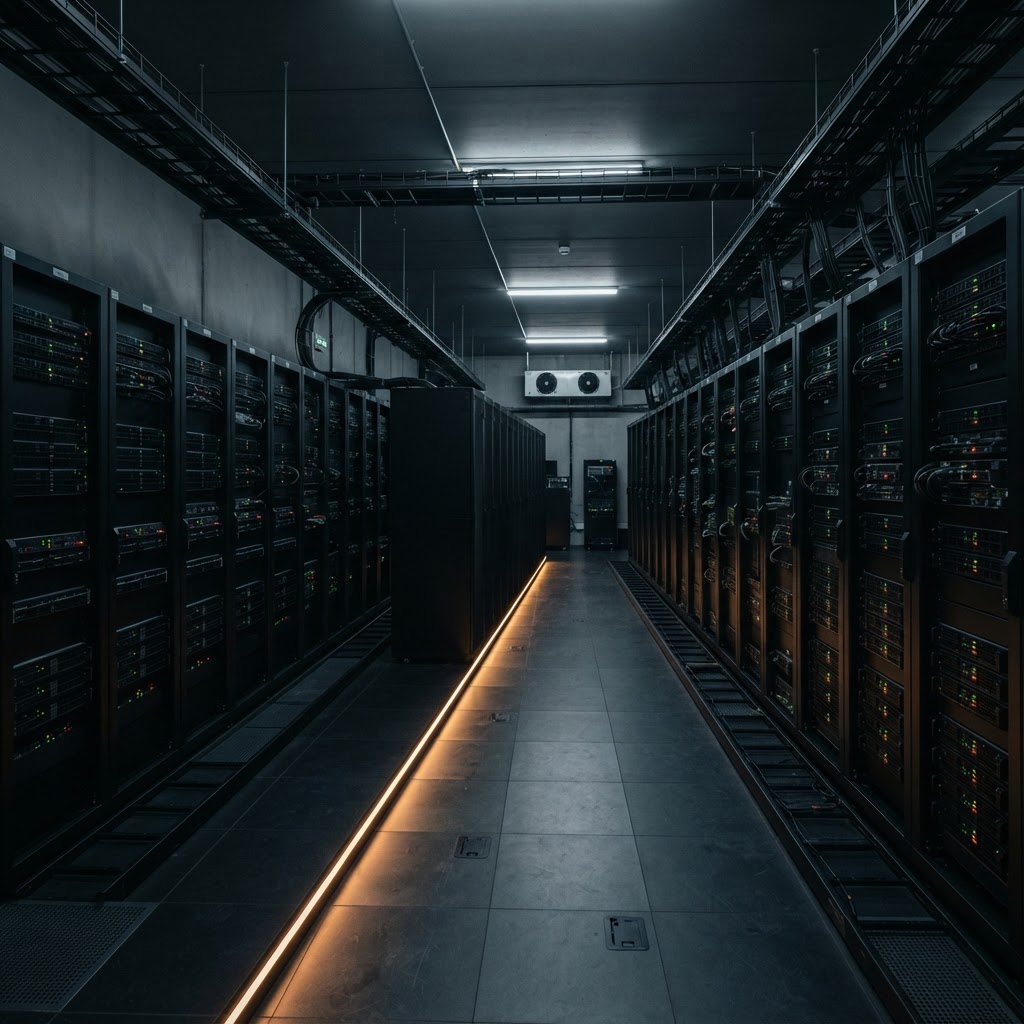 A clean and professional server infrastructure room with neutral lighting