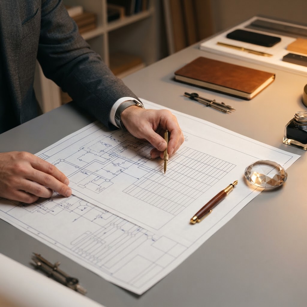 An engineer reviewing structural blueprints on a minimalist gray desk