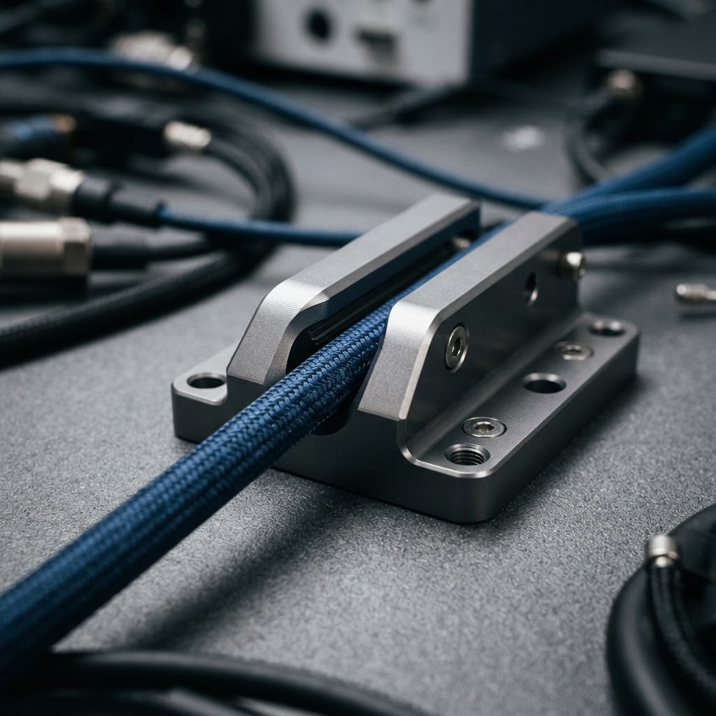 Close up of a blue cable through a metal guide