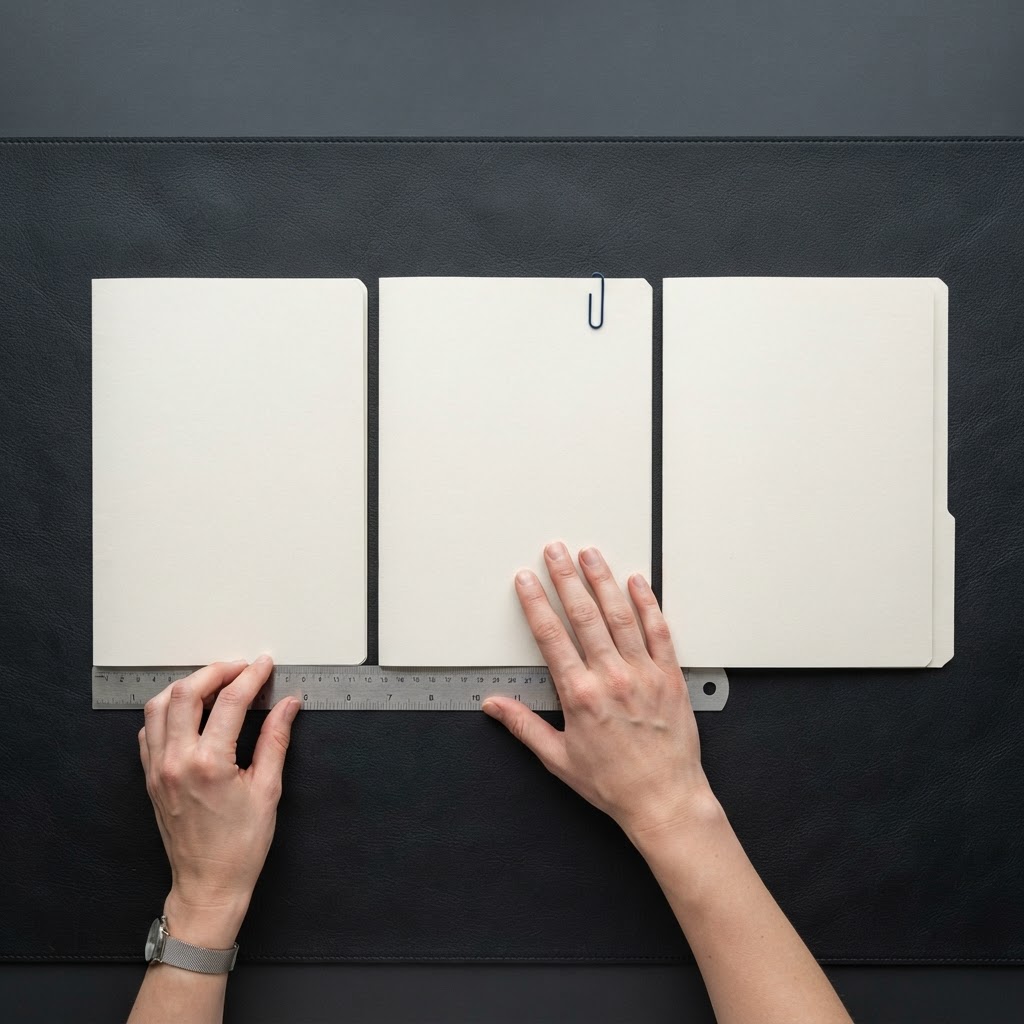 Hands aligning document folders with a steel ruler