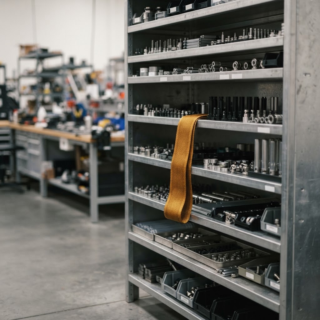 Organized metal components on industrial shelves