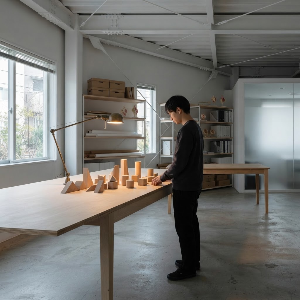 Person observing geometric blocks on a drafting table