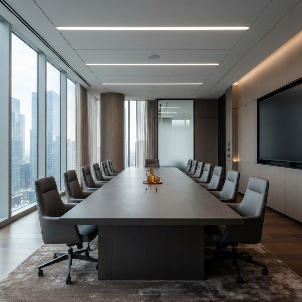 Empty professional boardroom with neutral tones