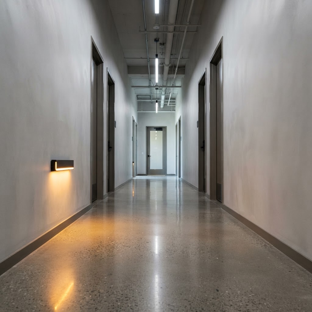 Minimalist office hallway with amber accent lighting