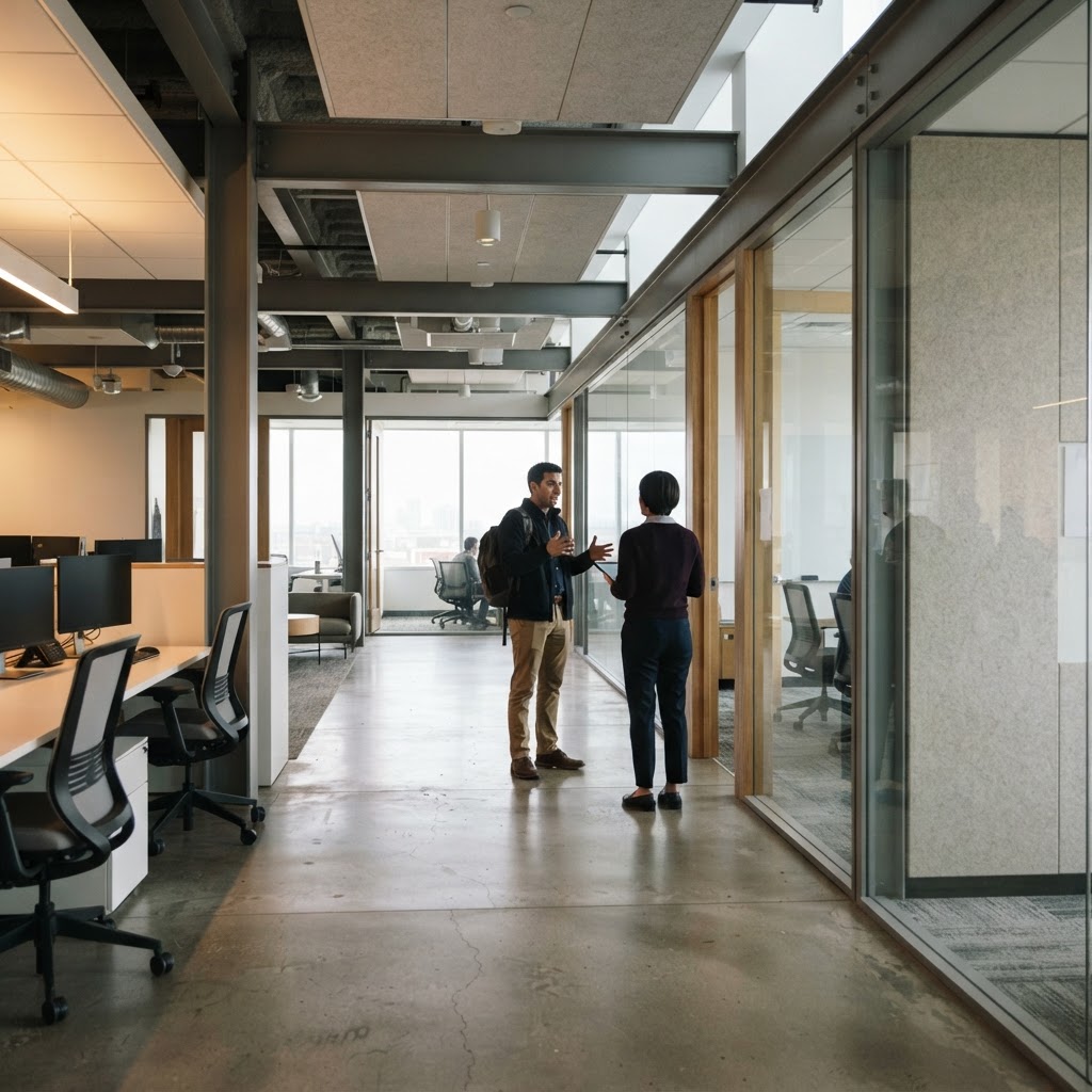 Engineers collaborating in a modern professional office space