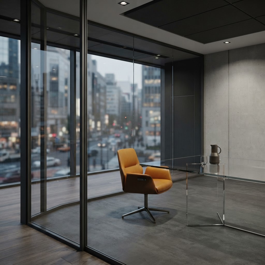 Empty professional meeting room with a singular amber accent chair