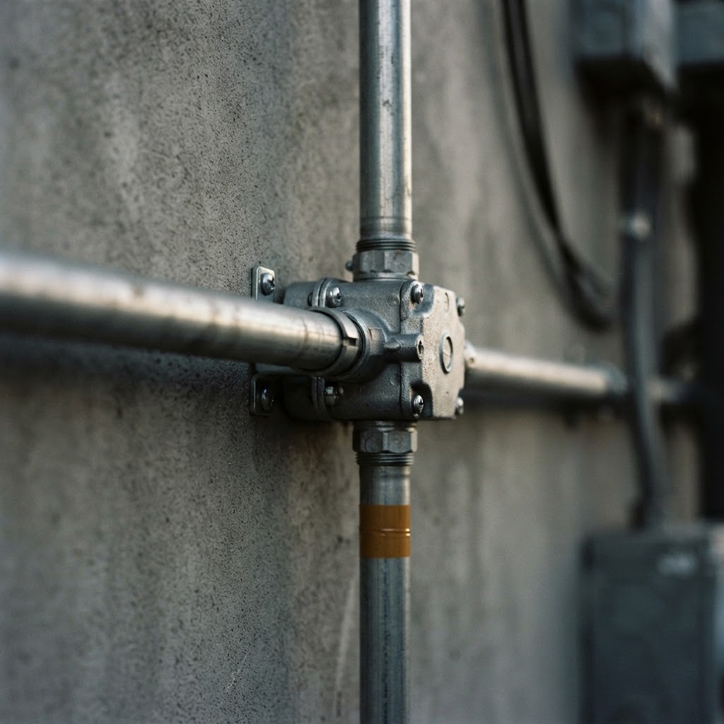 Macro view of industrial metallic cable conduits with precise amber detail