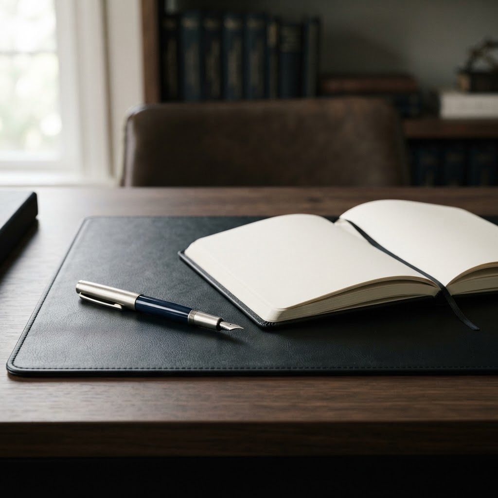 Fountain pen and notebook on a professional desk