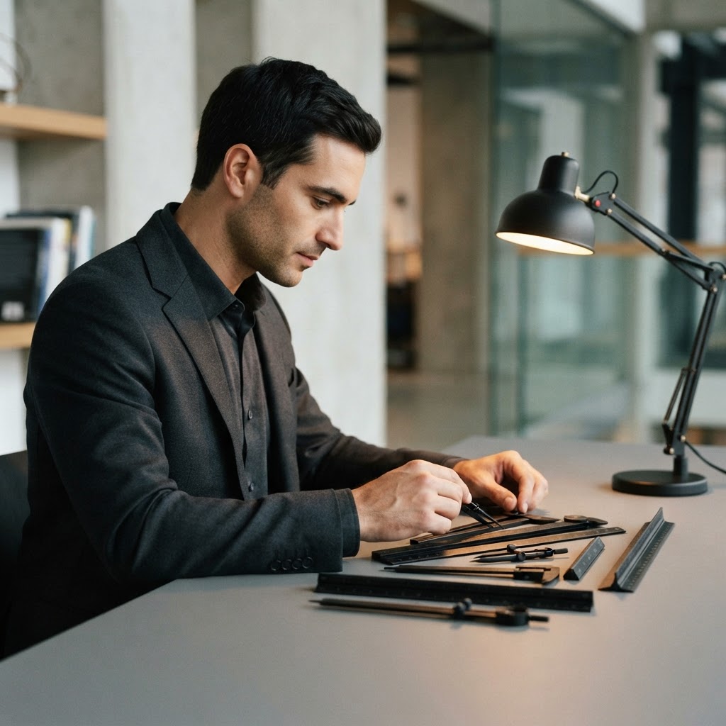 An analyst examining tools representing technical precision in pricing