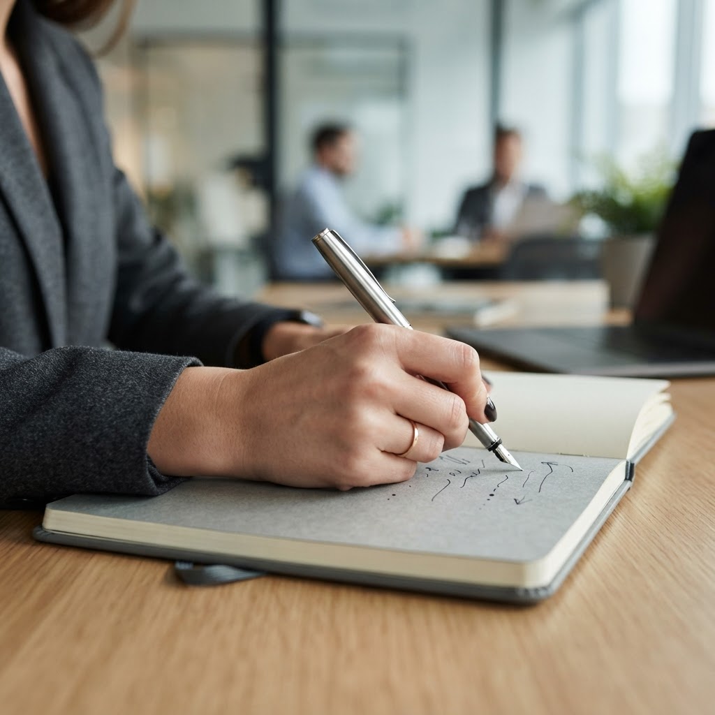 Hands writing in a professional notebook representing careful analysis