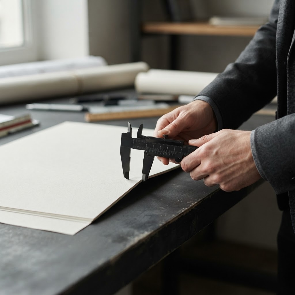 Close up of metal calipers measuring architectural paper on a dark desk