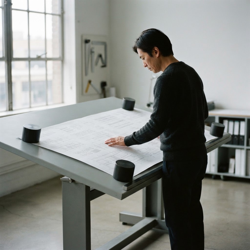 Person working at a drafting table with metal weights and empty layouts