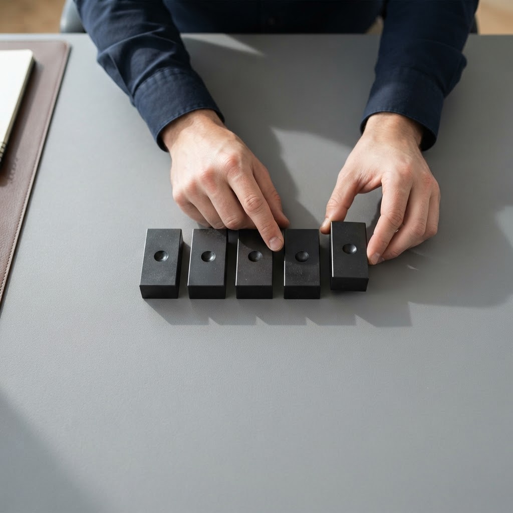 Professional hands aligning a row of matte black metal blocks on a gray desk